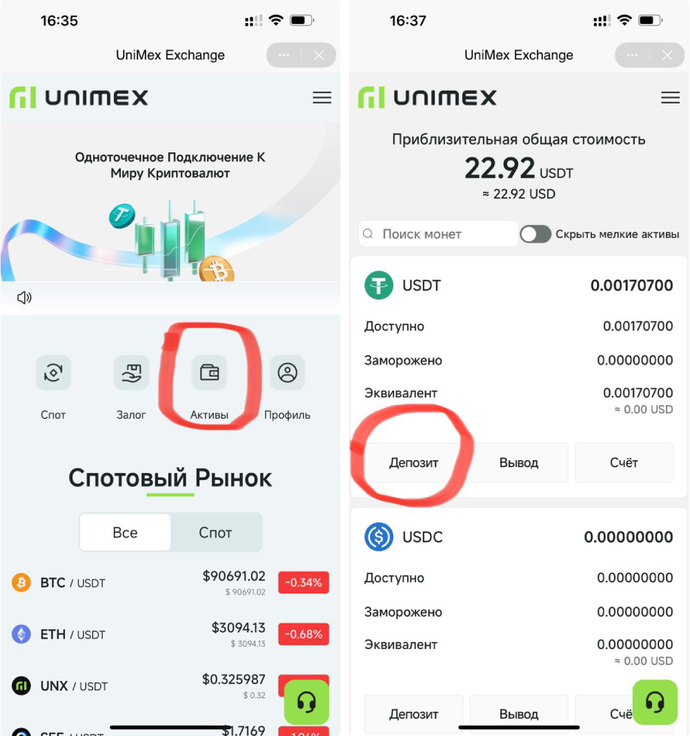 Активы на бирже UniMex EX